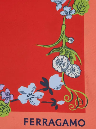 Ferragamo Red Scarf With Floral Print And Logo Lettering In Silk Woman In Red