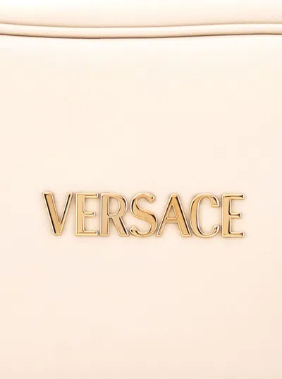 Versace Tag Bowling White Shoulder Bag With Metallic Logo Lettering And Medusa Head Pendant In Leather Woman In White