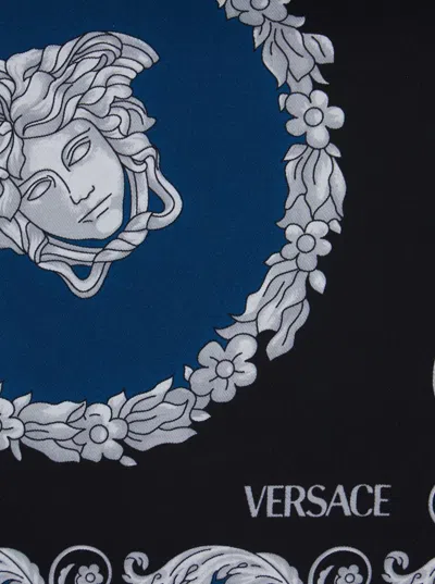 Versace Blue Scarf With Geometric Pattern And Logo Lettering Print In Silk Man In Blue