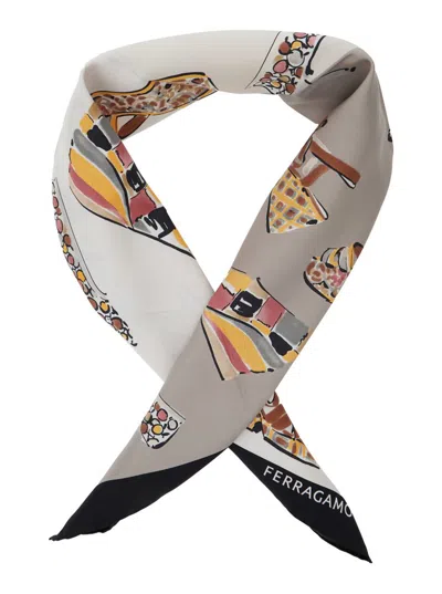 Ferragamo Multicolor Scarf With All-over Print And Logo Lettering In Silk Woman In Multi
