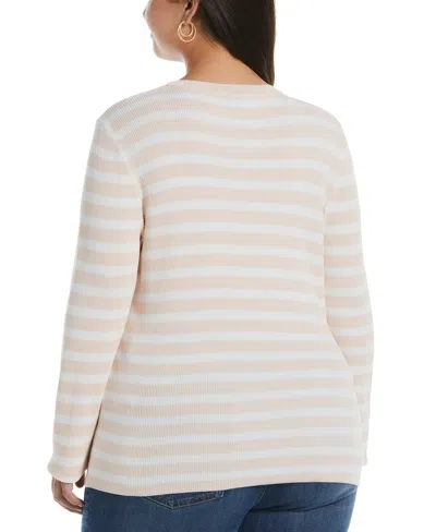 Ella Rafaella Plus Size Snap Trim Stripe Asymmetrical Sweater In Pink