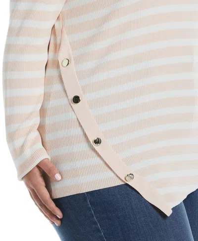 Ella Rafaella Plus Size Snap Trim Stripe Asymmetrical Sweater In Pink