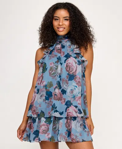 Seni & Cade Juniors' Printed Mock-neck Trapeze Dress In Blue
