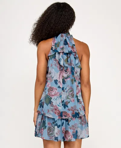 Seni & Cade Juniors' Printed Mock-neck Trapeze Dress In Blue