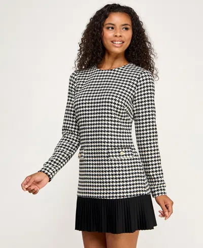 Seni & Cade Juniors' Houndstooth Blazer Pleated Crewneck Dress In White