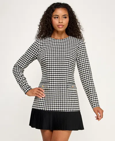 Seni & Cade Juniors' Houndstooth Blazer Pleated Crewneck Dress In White