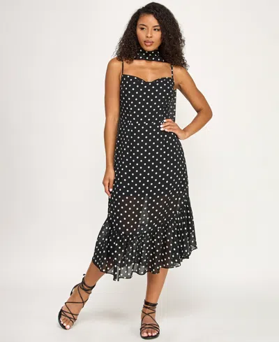 Seni & Cade Juniors' Polka Dot Sweetheart Neck Midi Dress With Scarf In Black