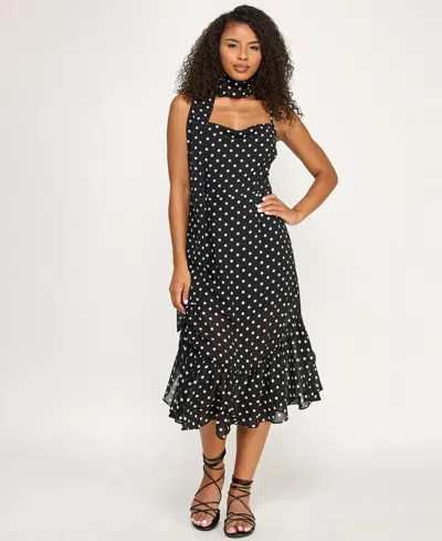 Seni & Cade Juniors' Polka Dot Sweetheart Neck Midi Dress With Scarf In Black