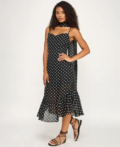 Seni & Cade Juniors' Polka Dot Sweetheart Neck Midi Dress With Scarf In Black