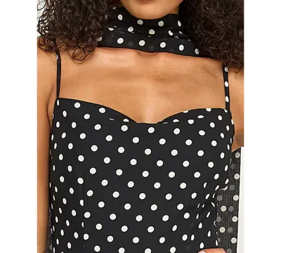 Seni & Cade Juniors' Polka Dot Sweetheart Neck Midi Dress With Scarf In Black