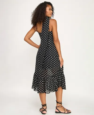 Seni & Cade Juniors' Polka Dot Sweetheart Neck Midi Dress With Scarf In Black