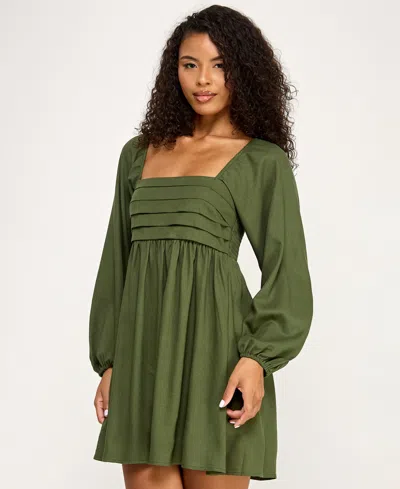 City Studios Women's Pleated Tie Back Long-sleeve Baby Doll Dress In Green