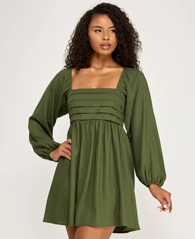 City Studios Women's Pleated Tie Back Long-sleeve Baby Doll Dress In Green
