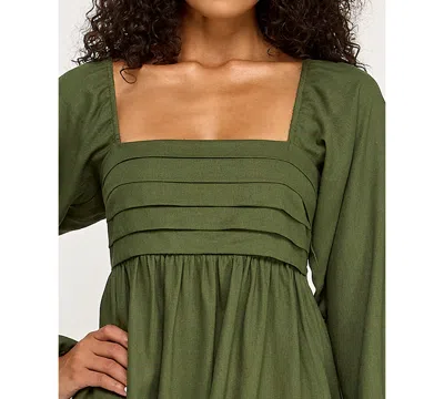 City Studios Women's Pleated Tie Back Long-sleeve Baby Doll Dress In Green