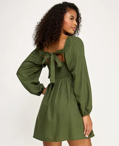 City Studios Women's Pleated Tie Back Long-sleeve Baby Doll Dress In Green