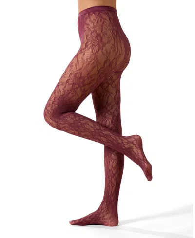 Memoi Women's "blooming Floral" Fashion Net Tights In Burgundy