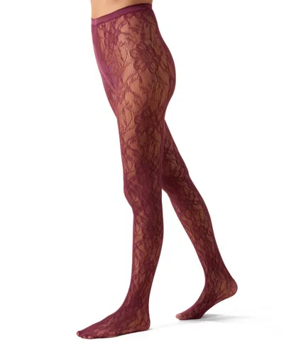 Memoi Women's "blooming Floral" Fashion Net Tights In Burgundy