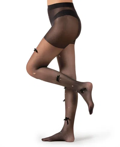 Memoi Women's Sheer Fashion Velvet Bows And Faux Pearl Studded Tights In Black