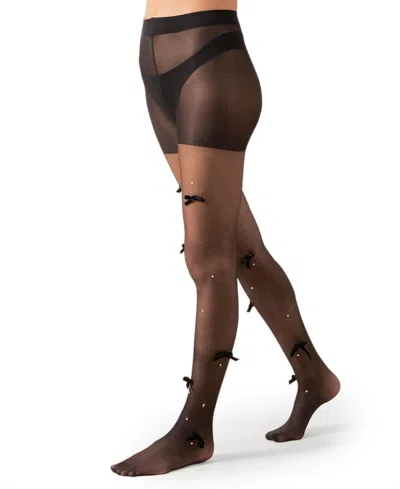 Memoi Women's Sheer Fashion Velvet Bows And Faux Pearl Studded Tights In Black