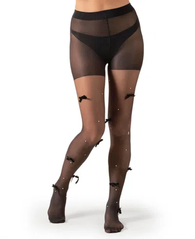 Memoi Women's Sheer Fashion Velvet Bows And Faux Pearl Studded Tights In Black