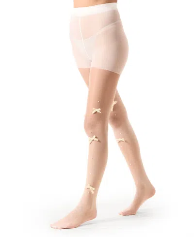 Memoi Women's Sheer Fashion Velvet Bows And Faux Pearl Studded Tights In White