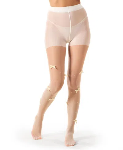 Memoi Women's Sheer Fashion Velvet Bows And Faux Pearl Studded Tights In White