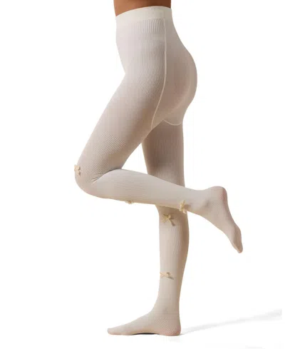 Memoi Women's Ribbed Velvety-bow-trimmed Cotton Blend Tights In White