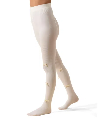 Memoi Women's Ribbed Velvety-bow-trimmed Cotton Blend Tights In White