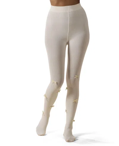 Memoi Women's Ribbed Velvety-bow-trimmed Cotton Blend Tights In White