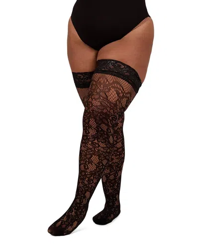 Memoi Plus Size Net Swirl-pattern Thigh High Stockings In Black