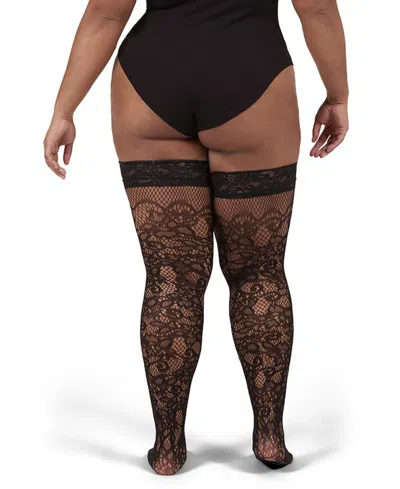 Memoi Plus Size Net Swirl-pattern Thigh High Stockings In Black