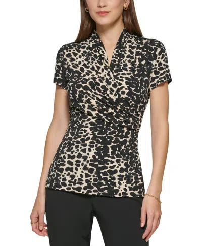Dkny Petite Animal-print Draped Surplice Blouse, Created For Macy's In Black