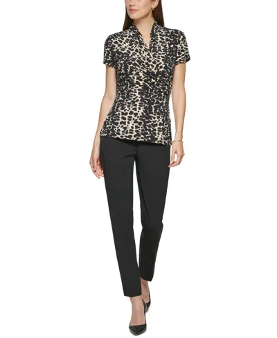 Dkny Petite Animal-print Draped Surplice Blouse, Created For Macy's In Black
