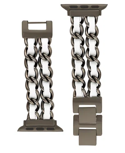 Steve Madden Women's White Faux Leather And Black Double Chain Alloy Metal Bracelet Designed For Apple Watch 42mm In Silver