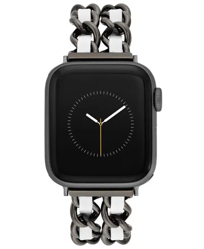 Steve Madden Women's White Faux Leather And Black Double Chain Alloy Metal Bracelet Designed For Apple Watch 42mm In Silver