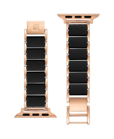 Anne Klein Women's Rose Gold-tone Alloy Metal And Black Silicone Bracelet Designed For Apple Watch 42mm (series In Multi