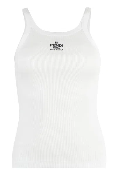 Fendi Women White Ribbed Tank Top With Contrasting Logo Embroidery In Stretch Cotton Woman In Multi
