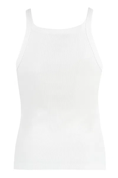 Fendi Women White Ribbed Tank Top With Contrasting Logo Embroidery In Stretch Cotton Woman In Multi