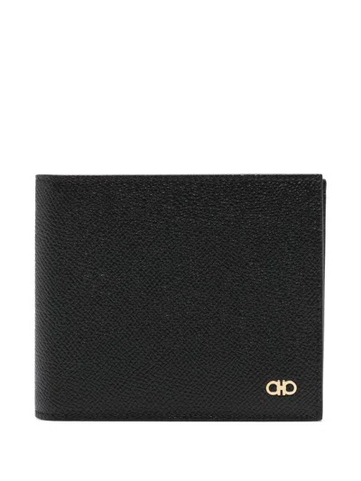 Ferragamo Gancini Leather Compact Wallet Textured Finish In Black