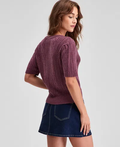 And Now This Petite Short Sleeve Crewneck Pointelle Cardigan Sweater