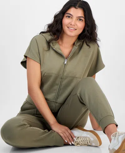 And Now This Petite Hooded Short-sleeve Zip-up Top, Macy's Exclusive In Green