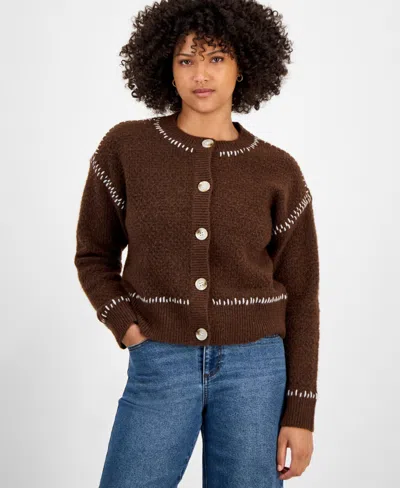And Now This Petite Whipstitch Button-front Cardigan, Macy's Exclusive In Brown