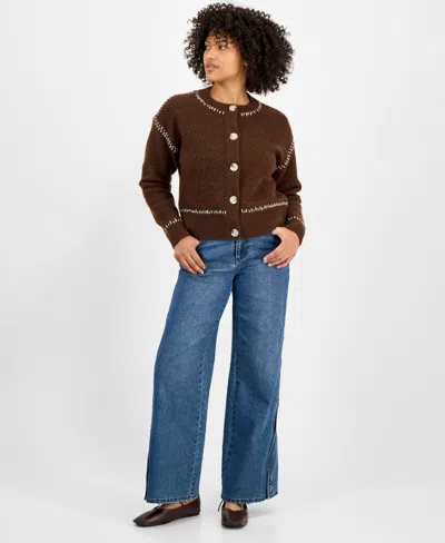 And Now This Petite Whipstitch Button-front Cardigan, Macy's Exclusive In Brown