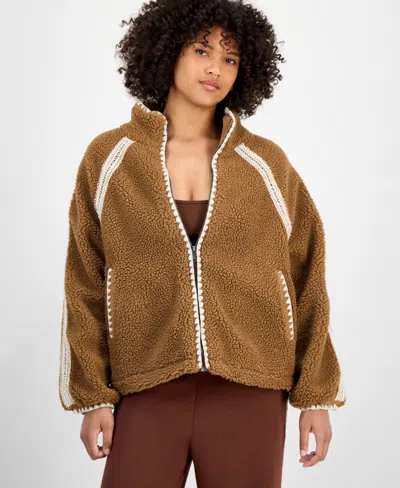 And Now This Petite Crochet-trim Zip-front Sherpa Jacket, Macy's Exclusive In Brown