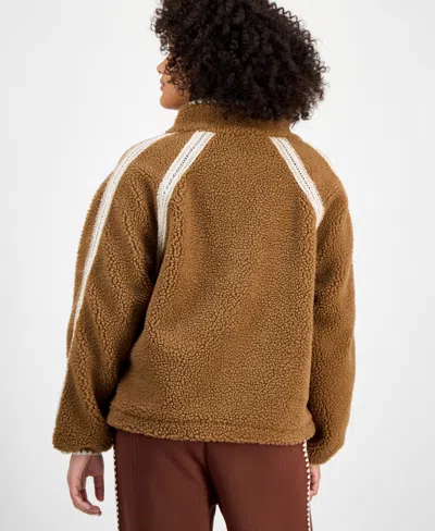 And Now This Petite Crochet-trim Zip-front Sherpa Jacket, Macy's Exclusive In Brown