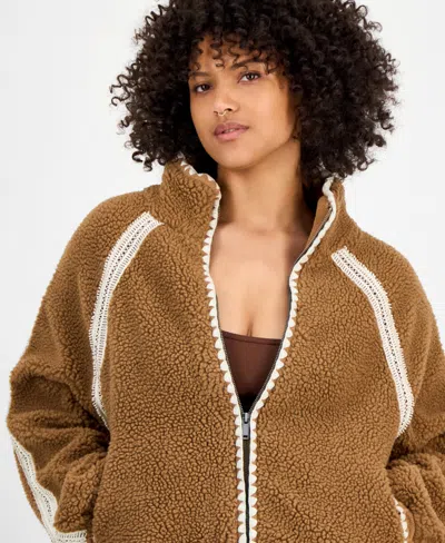 And Now This Petite Crochet-trim Zip-front Sherpa Jacket, Macy's Exclusive In Brown