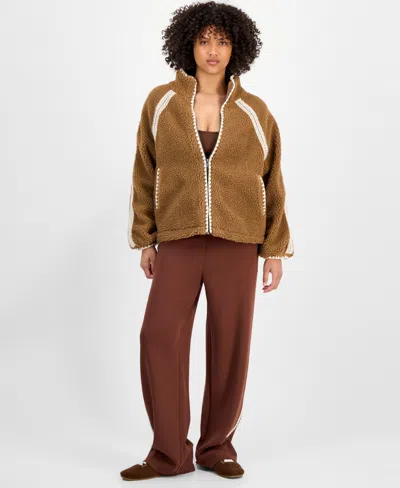 And Now This Petite Crochet-trim Zip-front Sherpa Jacket, Macy's Exclusive In Brown