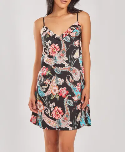 Icollection Women's Silky Soft Short Printed Chemise Nightgown In Black