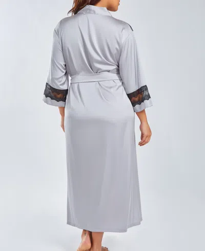 Icollection Plus Size Silky Stretch Satin Long Robe With Lace Trims In Multi