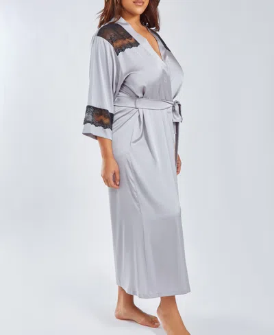Icollection Plus Size Silky Stretch Satin Long Robe With Lace Trims In Multi